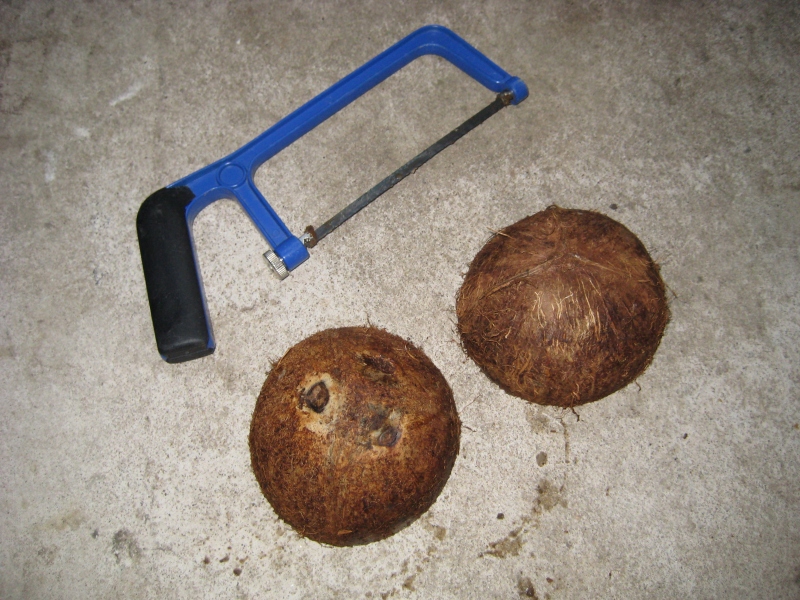 Zaag de kokosnoot doormidden
